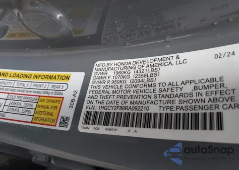 2024 Honda Accord Hybrid Touring from USA, damaged, VIN 1HGCY2F88RA092210